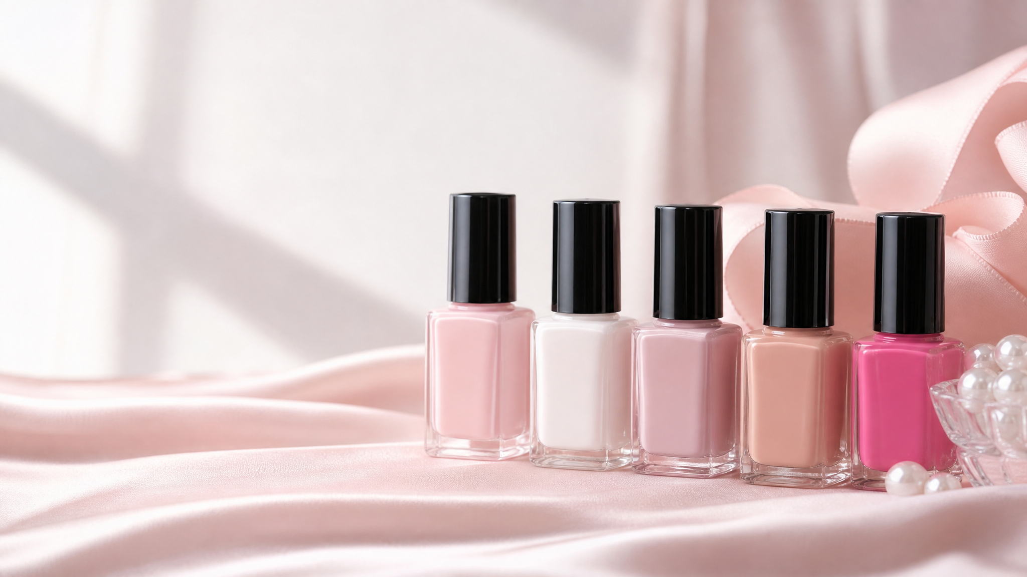 Glanzende flesjes gellak in blush, melkwit en nude op roze zijde